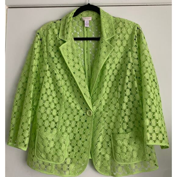 Chico's Jacket Lime Green Lace Cut Out Sheer Button Up 3/4 Sleeves Size 2 US 12 - Picture 4 of 15